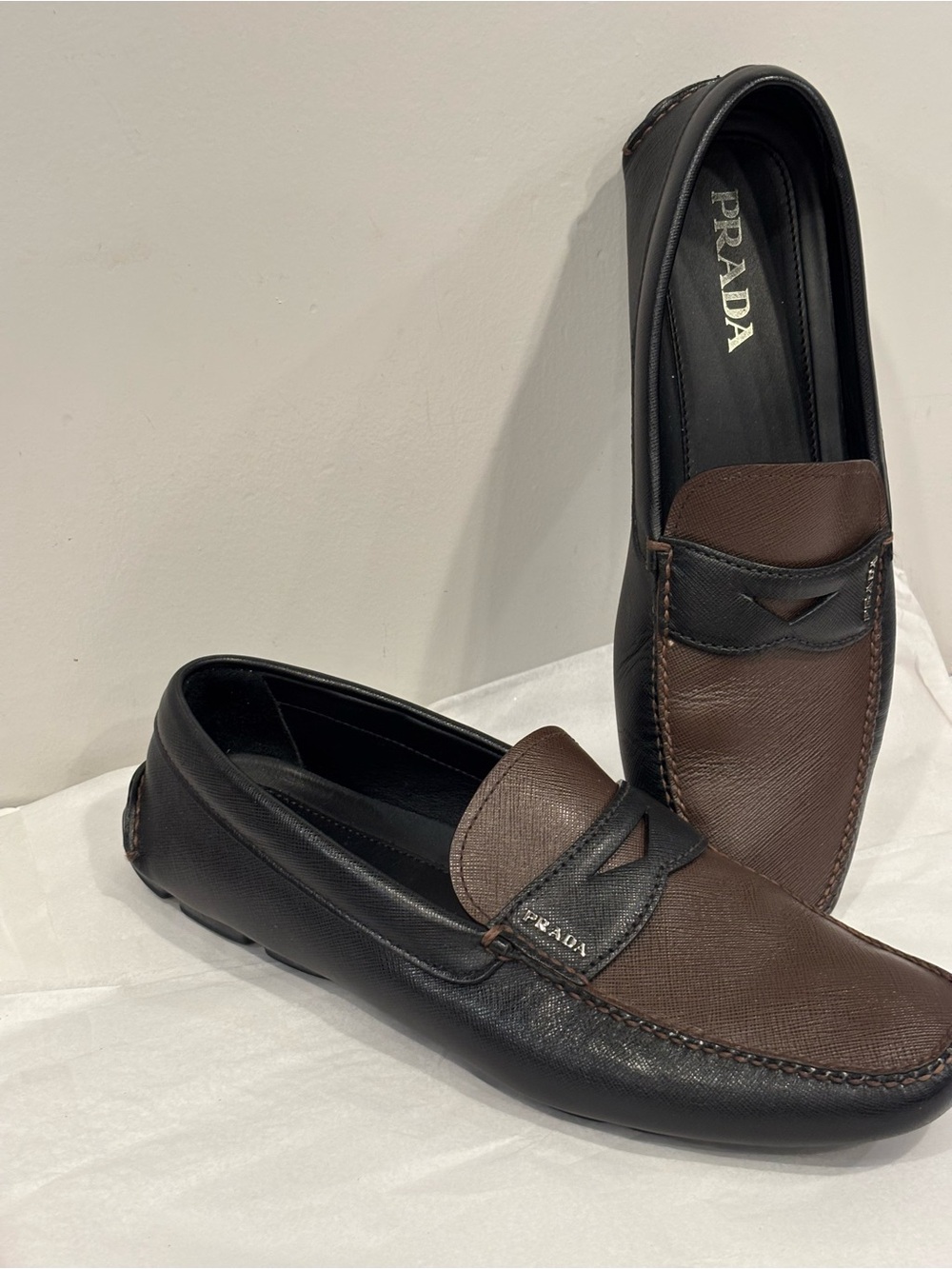 Prada Black & Brown Saffiano Leather Penny Driving Loafers